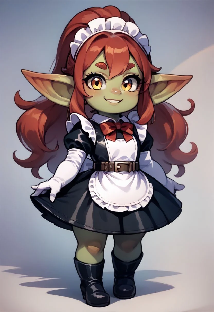 score_9, score_8_up, score_7_up, score_6_up, best quality, source_anime, (cute), solo, 1girl, female, goblin girl, pointed ears, shortstack, looking at viewer, love, standing, smile, full body, green skin, maid costume, red hair, long hair, ponytail, short skirt, leather maid costume, red neck bow, collar, long sleeves, white sleeves, white gloves, black boots, belt,