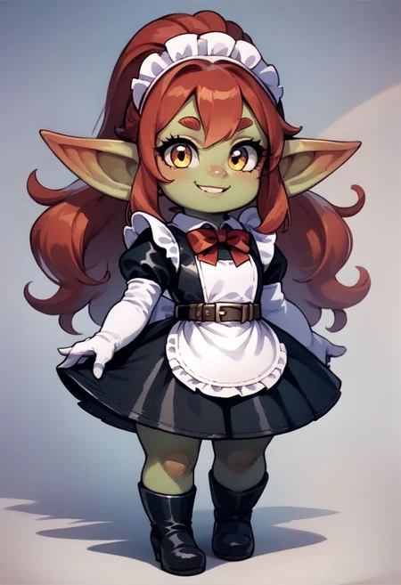 score_9, score_8_up, score_7_up, score_6_up, best quality, source_anime, (cute), solo, 1girl, female, goblin girl, pointed ears, shortstack, looking at viewer, love, standing, smile, full body, green skin, maid costume, red hair, long hair, ponytail, short skirt, leather maid costume, red neck bow, collar, long sleeves, white sleeves, white gloves, black boots, belt,
