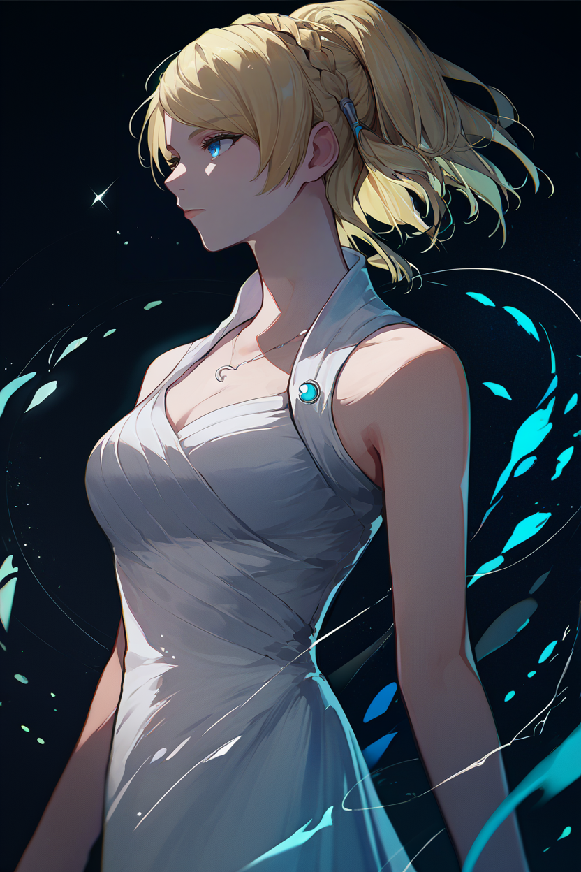score_9, score_8_up, score_7_up, score_6_up, source_anime, BREAK 1girl, solo,  <lora:lunafreya-pdxl-nvwls-v1-000006:1> lunafreya, blonde hair, blue eyes, braid, ponytail, necklace, white dress, sleeveless dress, long dress, large breasts, profile, hand up, black background, abstract background, glow