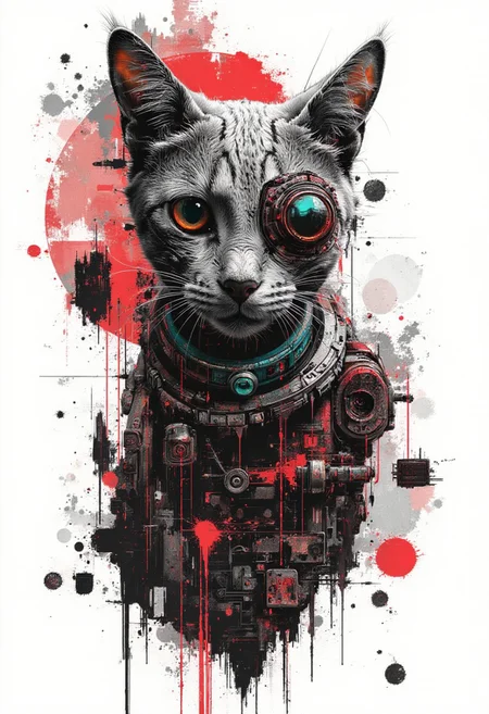 A graphic illustration, black and white, of a cat with bright red turquoise collar, an absurd abstract design, blending shape and reality, dieselpunk
<lora:Dieselcore:0.8> d1eselc0re <lora:Glitchcore_Flux:0.5> gl1tchc0re