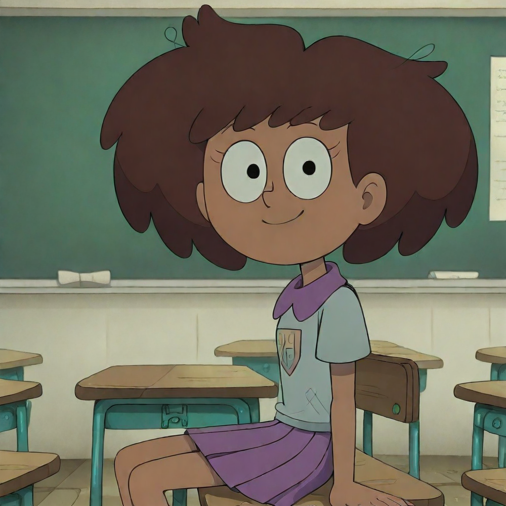Anne Boonchuy, Dark-skinned female, brown hair, school uniform, short skirt, purple skirt, wide eyes,happy, closed mouth, classroom, sitting at school desk, (side view), looking at viewer, (clothed)