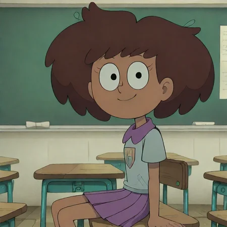 Anne Boonchuy, Dark-skinned female, brown hair, school uniform, short skirt, purple skirt, wide eyes,happy, closed mouth, classroom, sitting at school desk, (side view), looking at viewer, (clothed)