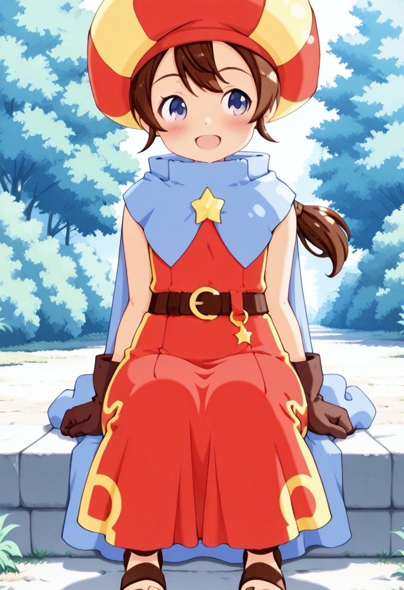 masterpiece,anime_coloring,anime_clothing,amazing_quality,Tokia_DMO, 1girl, solo,gloves, brown hair, ponytail,red yellow hat, star \(symbol\), cape, sleeveless,red dress, long dress,belt, Sandals, close-up face,sitting,open mouth,blush,smile,outdoor,