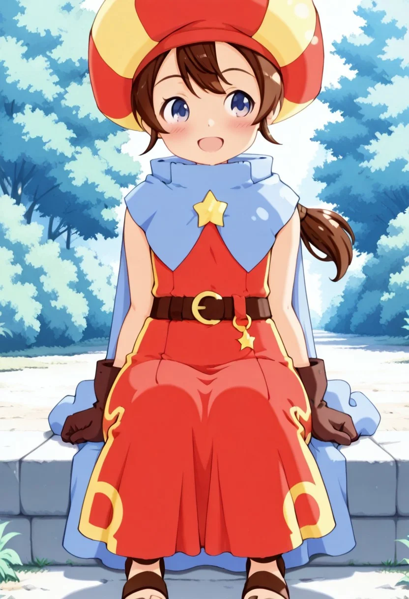 masterpiece,anime_coloring,anime_clothing,amazing_quality,Tokia_DMO, 1girl, solo,gloves, brown hair, ponytail,red yellow hat, star \(symbol\), cape, sleeveless,red dress, long dress,belt, Sandals, close-up face,sitting,open mouth,blush,smile,outdoor,