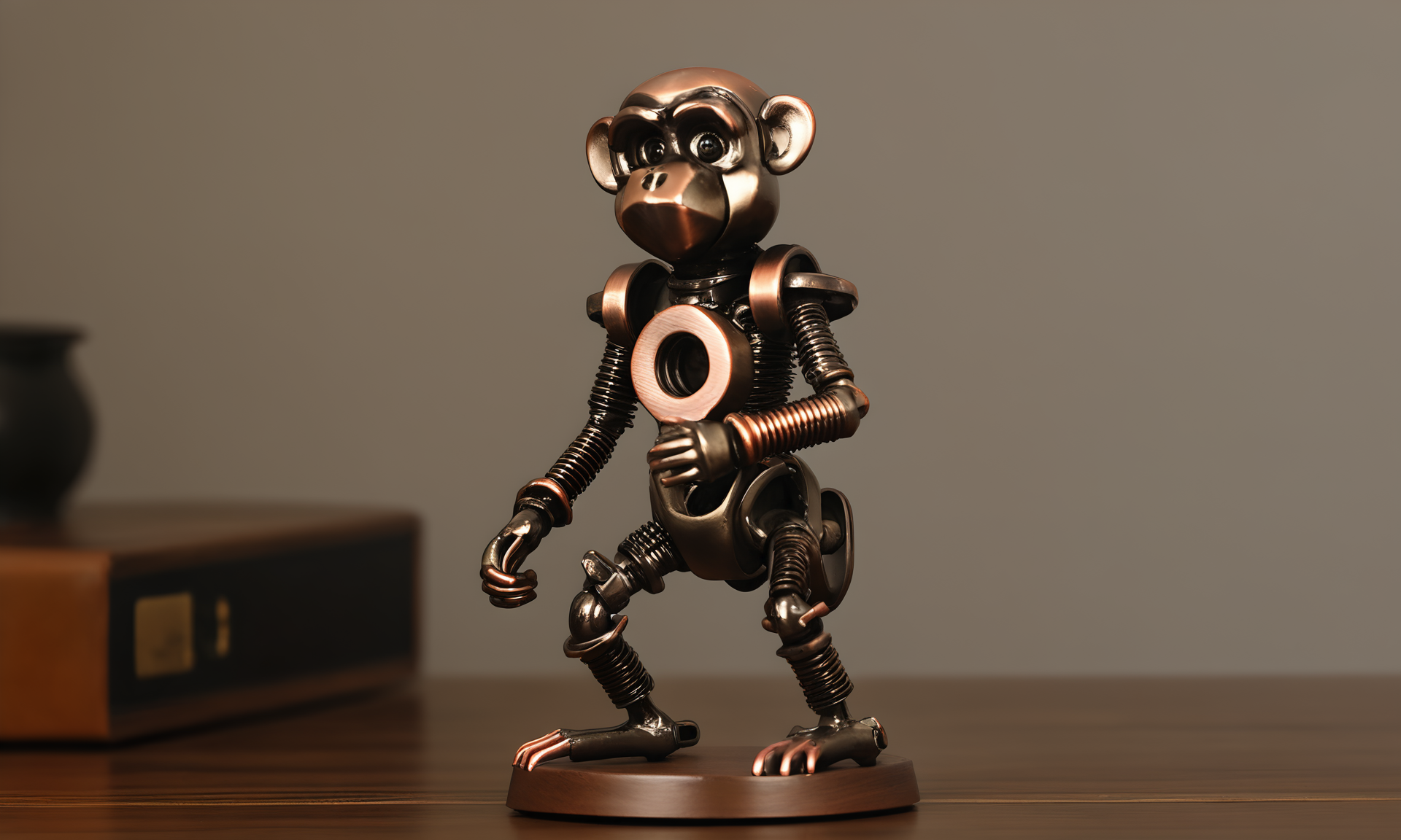 <lora:vintagemechcd_xl-000012:0.8>,a simple-structured monkey made of vintagemechcd_xl standing on wooden table,desktop ornament,detailed,hi-res photo,bronze theme,chinese zodiac,no humans,close-up,microspur,indoors,living room,simple background, emotional,harmonious,high budget,moody,epic,gorgeous,perfect lighting,realistic,photorealistic,photographic,photo (medium),real,moody lighting,volumetric lighting,reality ray tracing,8K,HDR,UHD,masterpiece,best quality,highly detailed,high resolution,finely detail,extremely detailed,ultra detailed,wallpaper