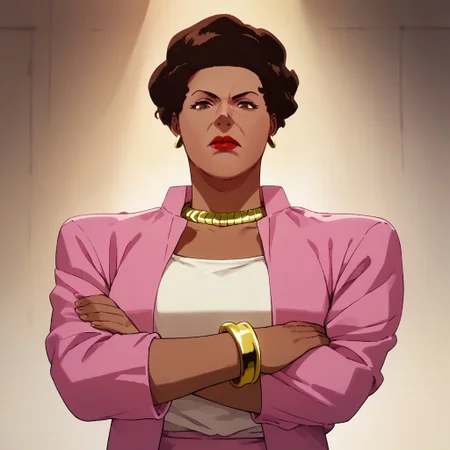 score_9, score_8_up, score_7_up BREAK AmandaWaller, 1girl, dark brown hair, brown skin, brown eyes, red lipstick, gold earrings, gold necklace, left wrist gold bracelet, open pink suit jacket, white undershirt, pink skirt, cowboy shot, arms crossed, looking at viewer, mature woman,