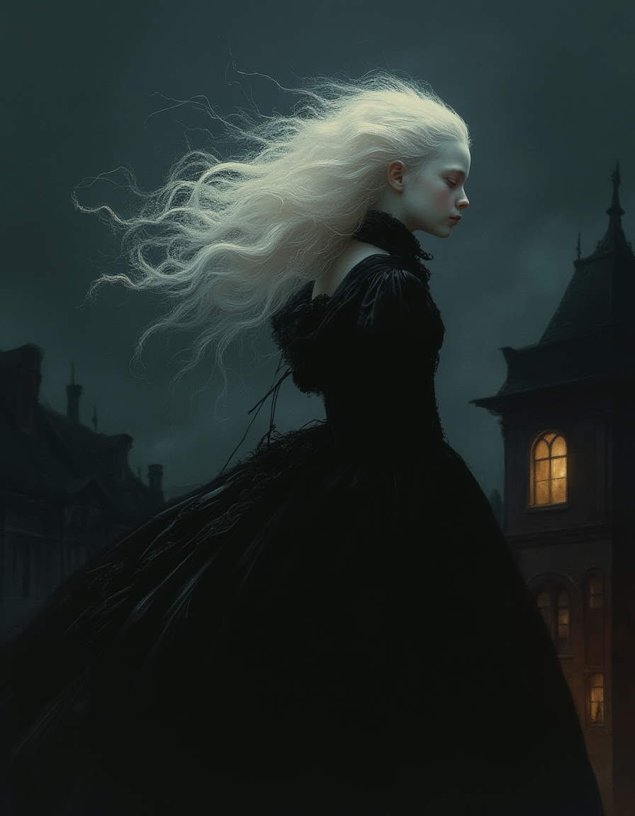cinematic still masterpiece, high quality, Oil Painting, an albino teen Victorian girl floating in the air over a Victorian London at night by Albert Lynch, Abbott Handerson Thayer, wearing a black corseted Victorian dress, highly detail, best quality, innocent, white skin, pale skin, long flowing white hair, ultra detailed, romantic, focus on the girl, shadow and light, Masterpiece, intricate lines, intriguing atmosphere, sharp magnificent details, delicate features, elaborate details, (2\3 rule composition:0.5), ultra detailed, romantic, Rembrandt lighting, brush strokes, emotional, harmonious, vignette, 4k epic detailed, del1cate_balance style, in the style of Rembrandt. vantablack <lora:style_of_Rembrandt_FLUX_135:.8> <lora:- Flux1 - vanta_black_V2.0:.8> <lora:Delicate_Balance:.3> <lora:neeeg_f1:-1>