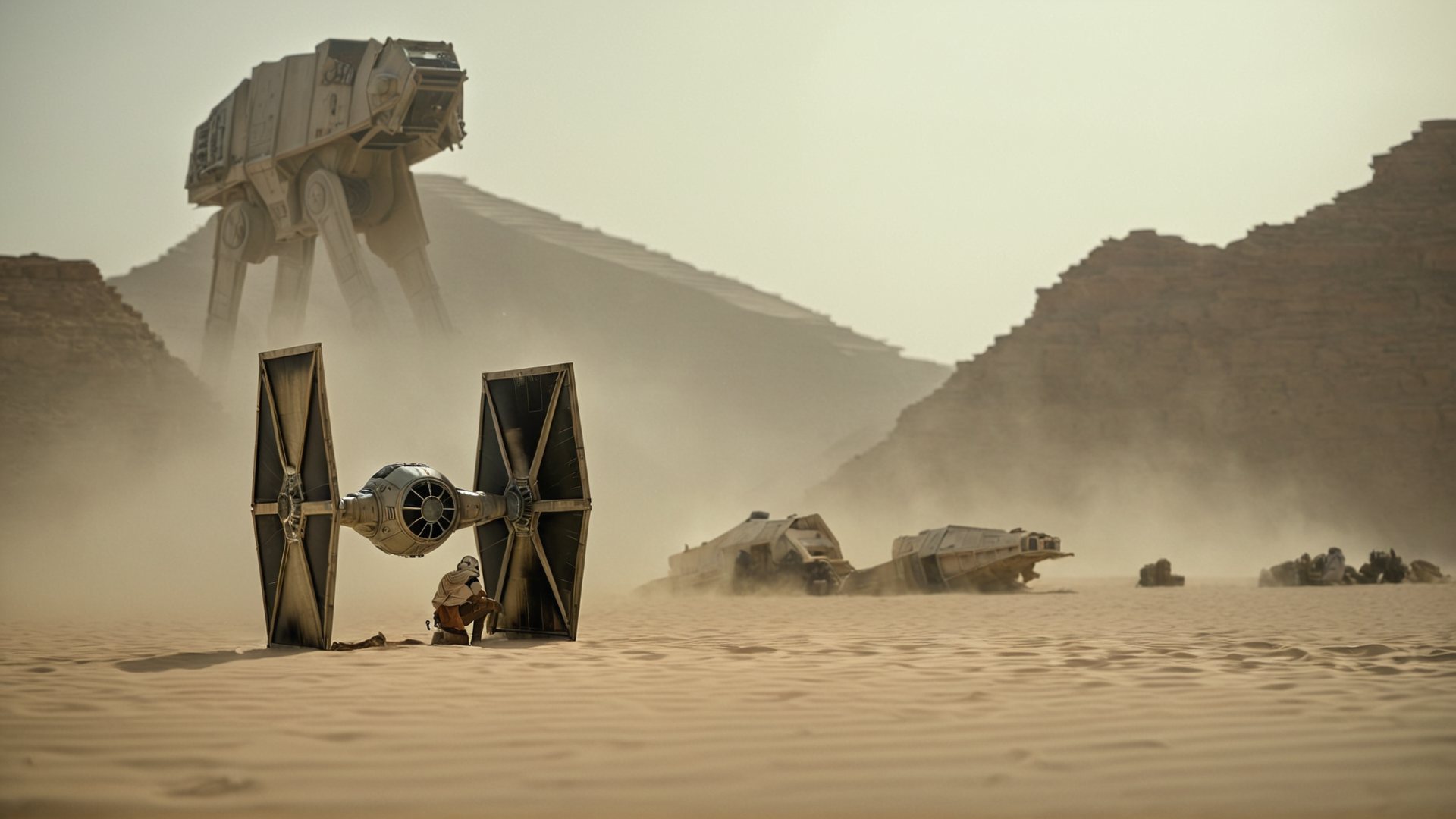 cinematic film still of  <lora:star wars style:0.2>
<lora:detailed:0.4> detailed
<lora:perfection style:0.4> perfect
<lora:PerfectEyesXL:0.5>
 <lora:Chiaroscuro Lighting Style:0.3>
  <lora:Jakku:0.9>
Jakku a star wars huge tie fighter is fallen down on a desert ground,in star wars style,outdoors,blurry,depth of field,scenery,sand,ruins,desert,dust, shallow depth of field, vignette, highly detailed, high budget, bokeh, cinemascope, moody, epic, gorgeous, film grain, grainy