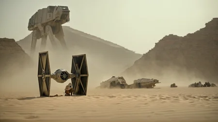 cinematic film still of <lora:star wars style:0.2>
<lora:detailed:0.4> detailed
<lora:perfection style:0.4> perfect
<lora:PerfectEyesXL:0.5>
<lora:Chiaroscuro Lighting Style:0.3>
<lora:Jakku:0.9>
Jakku a star wars huge tie fighter is fallen down on a desert ground,in star wars style,outdoors,blurry,depth of field,scenery,sand,ruins,desert,dust, shallow depth of field, vignette, highly detailed, high budget, bokeh, cinemascope, moody, epic, gorgeous, film grain, grainy