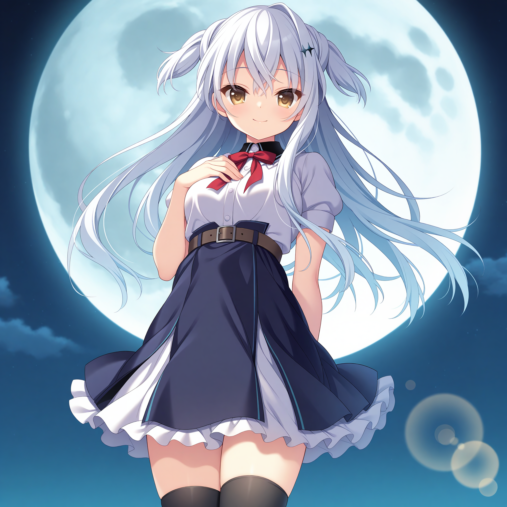 <lora:Kakehashi_Kohaku_1_nai-000033:1>,Kakehashi Kohaku,two side up,cross hair ornament,
school uniform,black thighhighs,high-waist skirt,red bowtie,puffy short sleeves,collared shirt,brown belt,white shirt,layered skirt,frilled skirt,dark blue skirt,
1girl,solo,smile,looking at viewer,hand on own chest,night,full moon,huge moon,simple background,depth of field,lens_flare,
