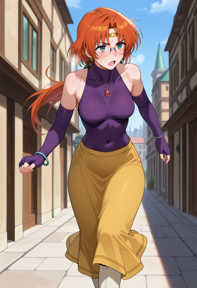 masterpiece, best quality, amazing quality, absurdres, 1girl, solo, ailaww, mature female, green eyes, orange hair, long hair, low ponytail, glasses, rimless eyewear, medium breasts, circlet, purple turtleneck shirt, sleeveless, covered collarbone, bare shoulders, purple elbow gloves, fingerless gloves, covered navel, yellow long skirt, white boots, high heels, jewelry, earrings, necklace, bracelet, <lora:Aila_Mahou_Senshi_Louie_ill_v12:0.9>, looking ahead, serious, blush, open mouth, heavy breathing, steaming body, sweat, sweatdrop, running, outdoors, day, city, skindentation, detailed clothing folds, depth of field, sharp, high contrast, dynamic light