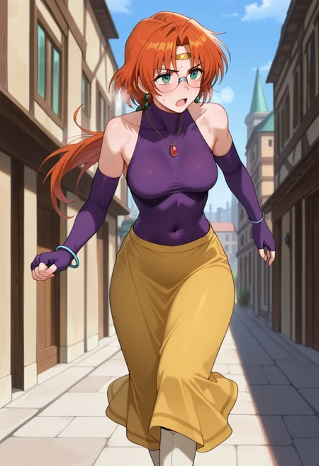 masterpiece, best quality, amazing quality, absurdres, 1girl, solo, ailaww, mature female, green eyes, orange hair, long hair, low ponytail, glasses, rimless eyewear, medium breasts, circlet, purple turtleneck shirt, sleeveless, covered collarbone, bare shoulders, purple elbow gloves, fingerless gloves, covered navel, yellow long skirt, white boots, high heels, jewelry, earrings, necklace, bracelet, <lora:Aila_Mahou_Senshi_Louie_ill_v12:0.9>, looking ahead, serious, blush, open mouth, heavy breathing, steaming body, sweat, sweatdrop, running, outdoors, day, city, skindentation, detailed clothing folds, depth of field, sharp, high contrast, dynamic light