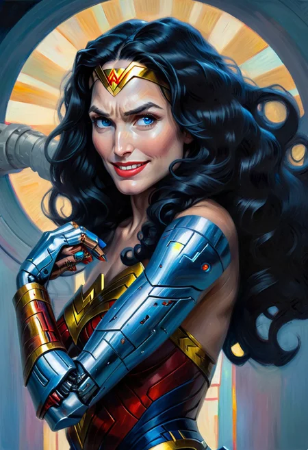 w4rh4mm3r style oil painting, grimdark, portrait of a beautiful woman with cybernetic arm, wonder woman,DCAU, , diana,black hair,blue eyes,smile,long hair,(insanely detailed, masterpiece, best quality) solo,<lora:wonderwomanIJ-11:0.8>,