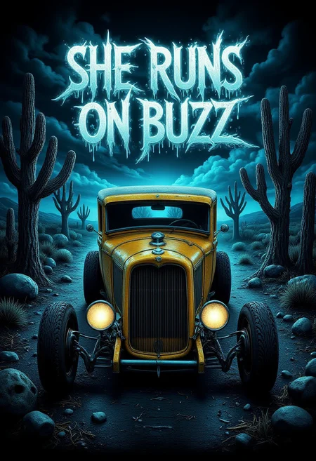 neon glowing spraypainted Text : "SHE RUNS ON BUZZ" . 1932 yellow Ford Coupe car [American graffiti], 1932 yellow rat rod hot rod in foreground, solo, moody lighting, horror movie lighting, desert in background, spooky trees, spooky fog in background, view from ground up, 1932 Ford coupe car facing viewer, aidmaHalloweenBoost, American Graffiti