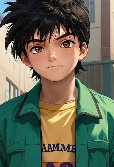 1boy, solo, Hajime Aoyama, Black Hair, Brown Eyes, Green Jacket, Yellow T-Shirt, Khaki Pants ,