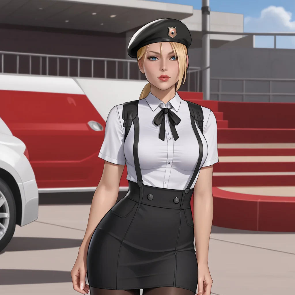 <lora:sonyablademkvsdc_pony_v1:.8>  SonyaBladeMKDC, 1girl, solo, blonde hair, medium breasts, long hair, beret, ponytail, lips, cowboy shot, <lora:0902 Home wear 5_v1_pony:1> ruanyi0902,beret,black ribbon,collared shirt,black pantyhose,high-waist skirt,white shirt,suspenders