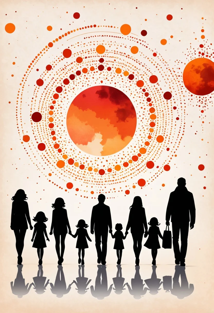 ink splatter, minimalist, family, silhouettes, red sun, cosmic pattern, abstract, planets, celestial, unity, movement, scattered dots, black and orange, symbolic, modern