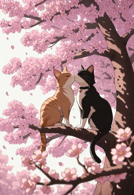 gothic_glittercore, masterpiece, best quality, very awa, absurdres, ((two cats)) sitting on a tree branch, facing each other in an intimate and harmonious pose. The left cat is black, while the right cat is white, creating a striking contrast. They are surrounded by delicate, blooming branches with small flowers, adding a serene and romantic atmosphere. The background is softly blurred, focusing the viewer's attention on the cats and their interaction. The lighting is soft, emphasizing the texture of their fur and the gentle ambiance of the scene. pink heart in front of them, ((kissing cats))