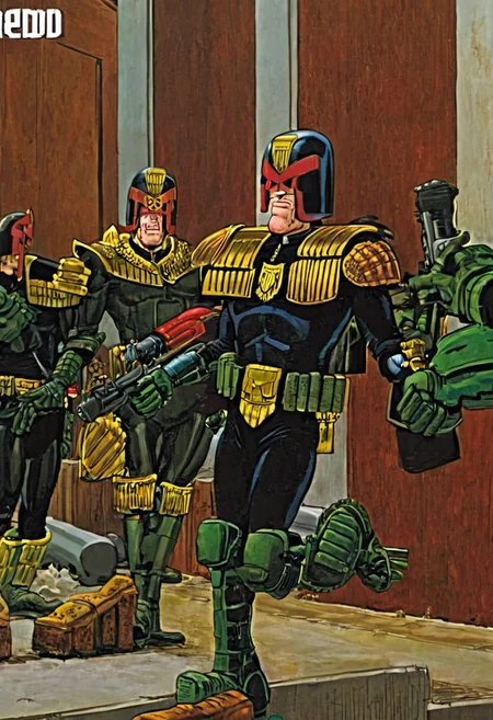 "Judge Dredd starring in 2000ad Light Years Ahead!, best quality, highres, high detail, sharp, fine art, jdgdrddcom, donmartin style, by donmartin, by don martin, hinged foot, martinwalkstyle