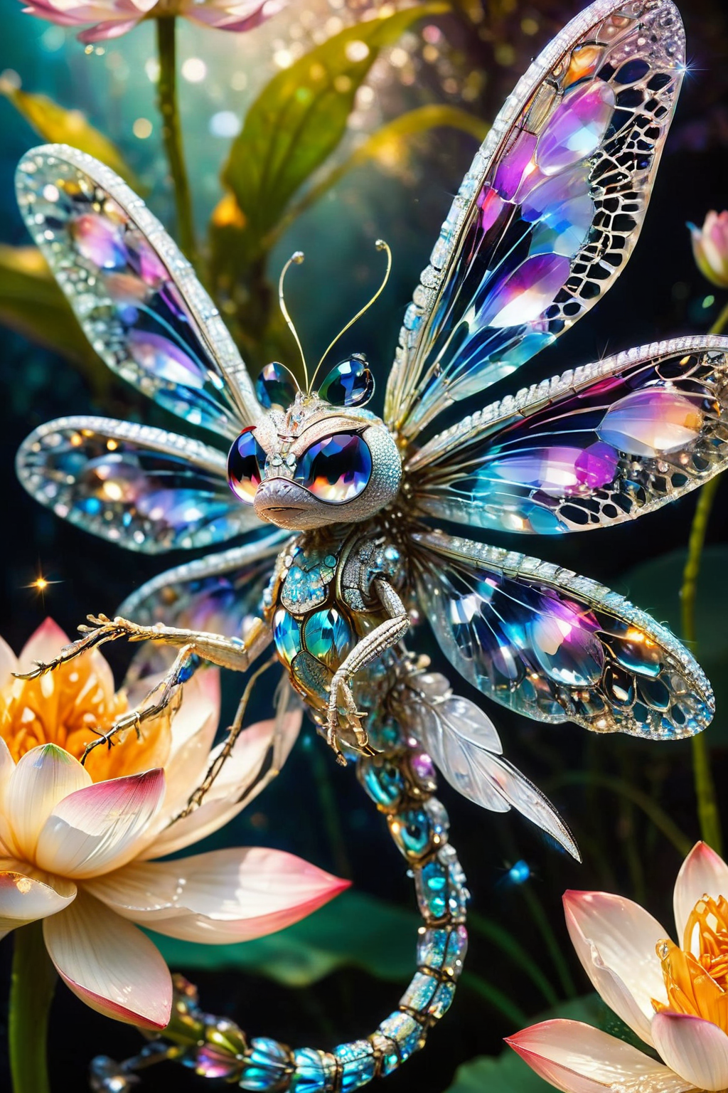 In a macro shot, a dragonfly delicately perched on a lotus flower is depicted. The dragonfly has crystal-like compound eyes and body, with the intricate details shimmering. The background is softly blurred, creating a surreal and dreamlike atmosphere that emphasizes the ethereal beauty of the scene.
macro photography, dragonfly on lotus flower, crystal compound eyes, crystal body, blurred background, surreal, dreamy, hyper-realistic, intricate details, ethereal, fantasy, whimsical, luminous, vibrant colors, captivating, mesmerizing, otherworldly, dynamic, magical, fairy tale-like, vivid colors, glowing.
<lora:ral-swarcrystl-sdxl:0.8> ral-swarcrystl,
<lora:add-detail-xl:1.0>,
<lora:EnvyBetterHiresFixXL01:1.0>,
<lora:extremely_detailed:1.0>, extremely detailed,
<lora:EldritchMixIllustration_1.1:0.25>,
<lora:SDXLFaeTastic2400:0.6>,