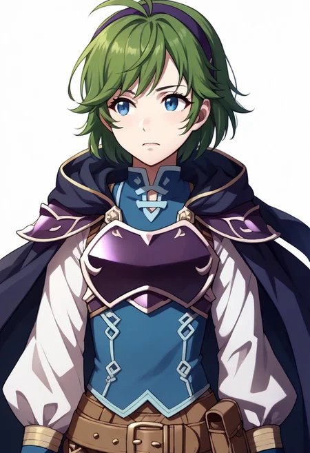 score_9, score_8_up, score_7_up, source_anime BREAK 1girl, solo, <lora:zs_AwakeningPortraitsXL:1> awakeningportraits, portraits, white background, <lora:nino-fe-richy-v1_pdxl:0.9> ninopf, blue eyes, green hair, short hair, antenna hair, purple hairband, blue shirt, white sleeves, long sleeves, purple breastplate, purple shoulder armor, purple cape, brown belt, belt pouch, blue gloves, fingerless gloves