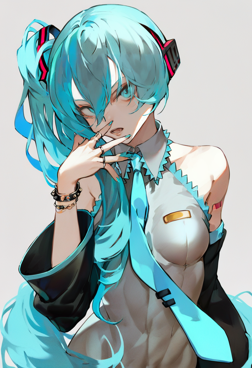 score_9, score_8_up, score_7_up, score_6_up, <lora:KuroshiroXL_P6_lokr_V53P1:0.95>  solo, 1girl, hatsune miku, necktie, long hair, jewelry, simple background, bracelet, shirt, detached sleeves, ring, looking at viewer, upper body, breasts, white background, bare shoulders, sleeveless, very long hair, blue necktie, open mouth, aqua eyes, grey shirt, side ponytail, aqua hair, hair between eyes, nail polish, sleeveless shirt, collared shirt, grey background, blue eyes, blue hair