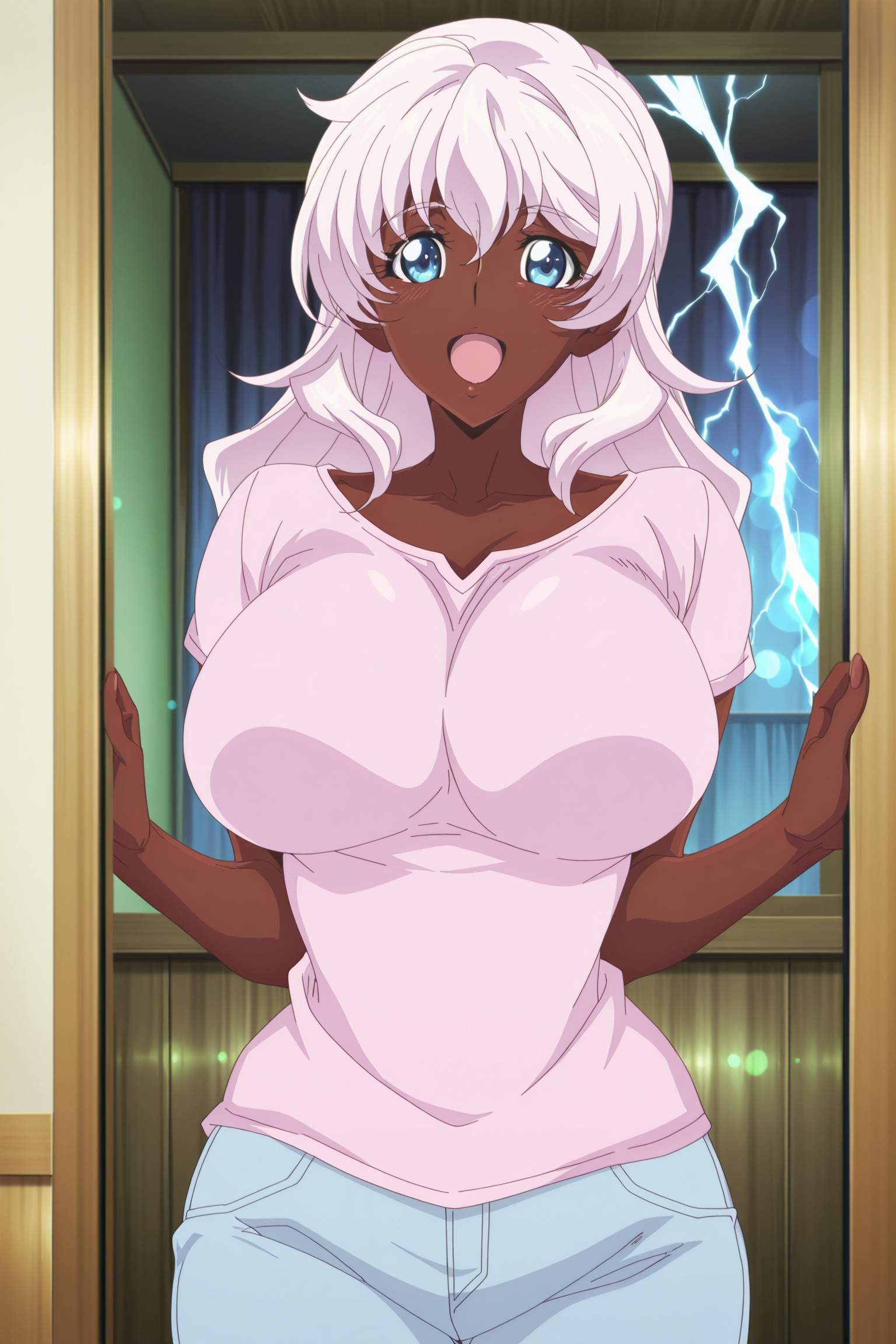 anime screencap, anime coloring, detailed face, perfect fingers, masterpiece, best quality, very aesthetic, absurdres, bokeh, volumetric lightning, 
 <lora:Anette-san_Tonari_no_Ie_no_Anette-san_The_Animation:1>
inside a house,
1girl, white hair, blue eyes, dark-skinned female, large breasts, cute pink shirt, jeans, cowboy shot, looking at the viewer, :D, smile, mouth open