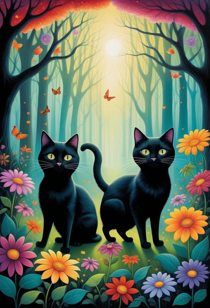 score_9, score_8_up, score_7_up, score_6_up, cr33pp41nt, Create a captivating and surreal painting inspired by the whimsical style of Alexander Jansson, showcasing two sleek black cats frolicking in a lush, enchanting forest adorned with vibrant flowers. The scene exudes a sense of mystery and whimsy, reminiscent of the pop surrealism genre. The intricate details of the cats' glossy fur and piercing eyes are meticulously rendered, capturing their graceful movements and playful demeanor. The forest teems with a riot of colorful blooms, each petal and leaf meticulously depicted in a style that echoes the works of Anato Finnstark. The cats' faces are flawless, almost ethereal, akin to the perfection seen in artworks by Beeple and Jeremiah Ketner, radiating a sense of otherworldly beauty and grace. The interplay of light and shadow creates a mesmerizing depth to the painting, drawing the viewer into a dreamlike realm where reality and fantasy intertwine seamlessly.