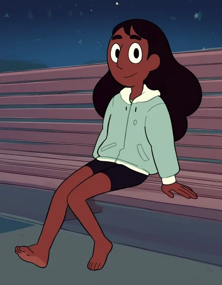 <lora:ConnieMaheswaranPony:1>Connie, solo, long hair, smile, jacket, night, star \(sky\), black eyes, long sleeves, 1girl, brown hair, bike shorts, dark-skinned female, starry sky, barefoot, sky, outdoors, night sky, shadow, dark score_9, score_8_up, score_7_up, score_6_up, score_5_up, score_4_up, looking at viewer,sitting,outdoors, park bench,