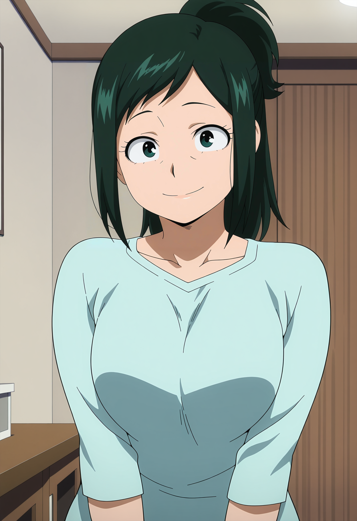 1girl,solo,mm,mature female,green hair,green eyes,ponytail,anime coloring,
shirt,upper body, looking at viewer, smile,indoors,
,masterpiece,best quality,amazing quality,<lora:Midoriya_inko-My_Hero_Academia_ix:0.8>