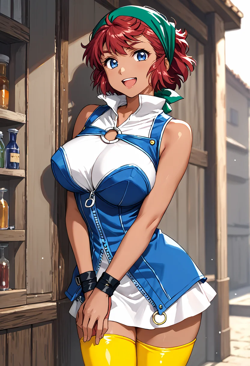 score_9, score_8_up, score_7_up, source_anime BREAK 1girl, solo, <lora:srw_carla:1>, srw_carla, cowboy shot, blue dress, bare shoulders, zipper, o-ring, white skirt, yellow thighhighs, black wristband, dark-skinned female, large breasts, red hair, bangs, short hair, bandana, looking at you, smile, open mouth