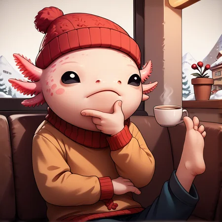score_9, score_8_up, score_7_up, BREAK, source_cartoon, rating_safe, ((axolotl)), frilly head, black eyes, mikus-concept, thinking pose, hand on chin, foot holding cup, indoors, cafe, knit sweater, pom pom beanie, window, snow, embedding:zPDXL2, score_9, score_8_up, score_7_up, BREAK, source_cartoon, rating_safe, ((axolotl)), frilly head, black eyes, mikus-concept, thinking pose, hand on chin, foot holding cup, indoors, cafe, knit sweater, pom pom beanie, window, snow, embedding:zPDXL2,<lora:axolotl_pony_epoch_16.safetensors:1.1:1.1> <lora:thinking_with_a_cup.safetensors:1:1>