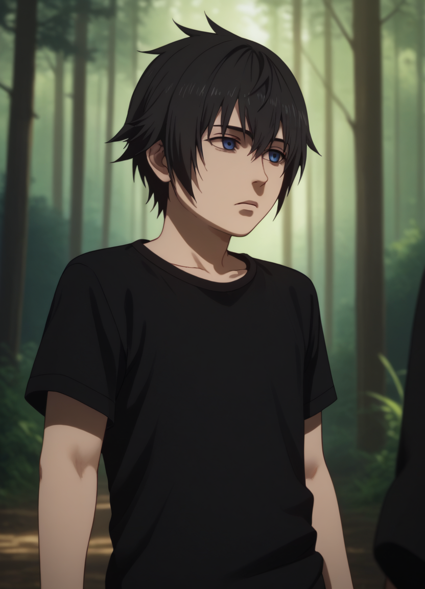 (score_9, score_8_up:1.1), score_7_up, solo focus, upper body, forest, <lora:Noctis_BH_(PonyXL)v1:1>, noctisyoung, 1boy, young, black shirt,