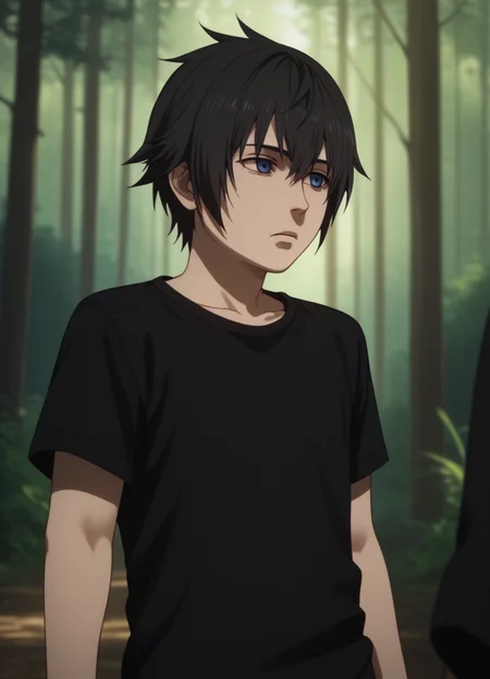 (score_9, score_8_up:1.1), score_7_up, solo focus, upper body, forest, <lora:Noctis_BH_(PonyXL)v1:1>, noctisyoung, 1boy, young, black shirt,
