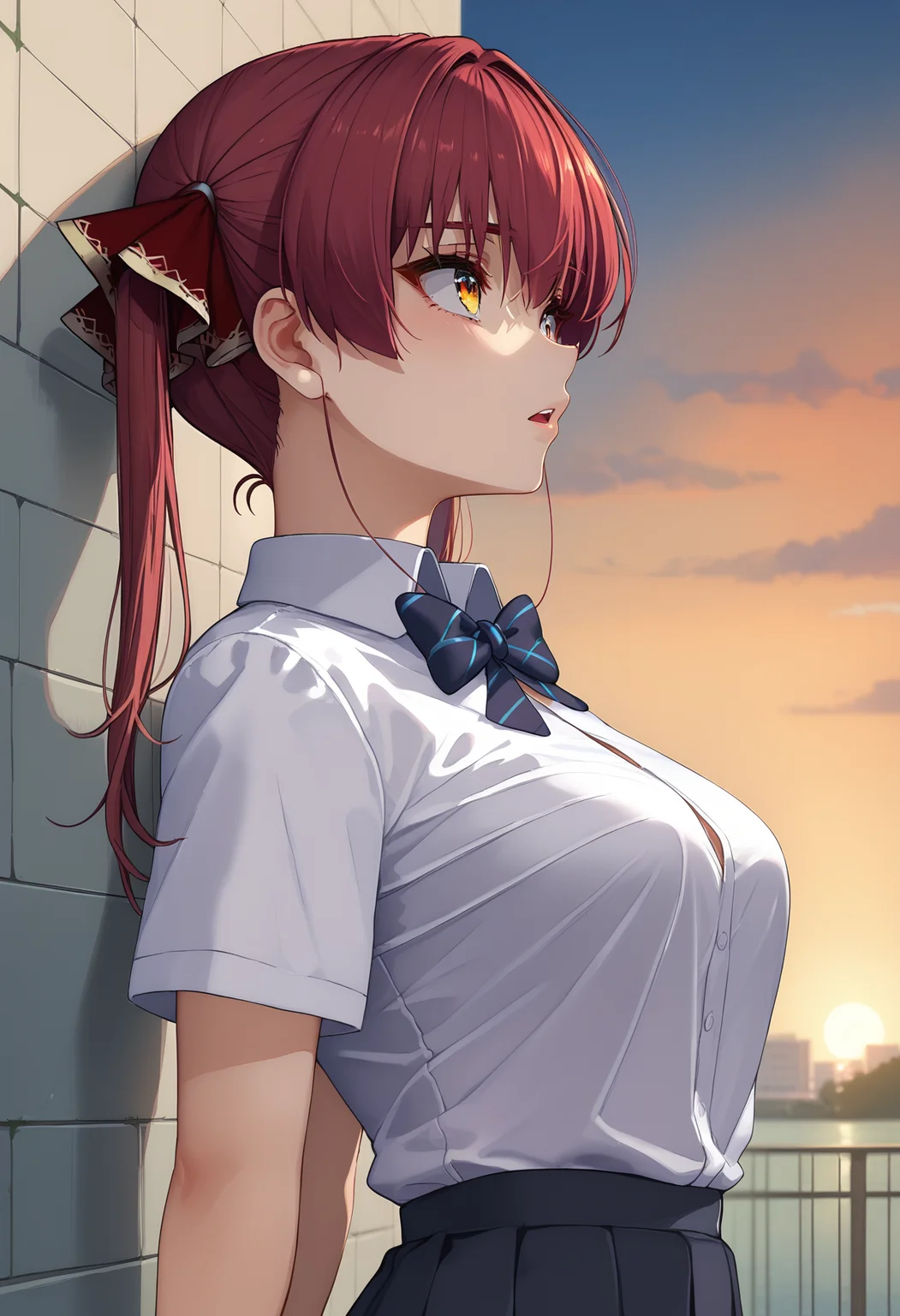 score_9, score_8_up, score_7_up BREAK
source_anime, rating_safe, akasaaistyle, sunset, against wall, leaning back, outdoors, side view, looking up, standing, parted lips, solo, 1girl, aua, red hair, heterochromia, red eyes, yellow eyes, twintails, bangs, school uniform, collared shirt, white shirt, short sleeves, bowtie <lora:akasaai_style:1>