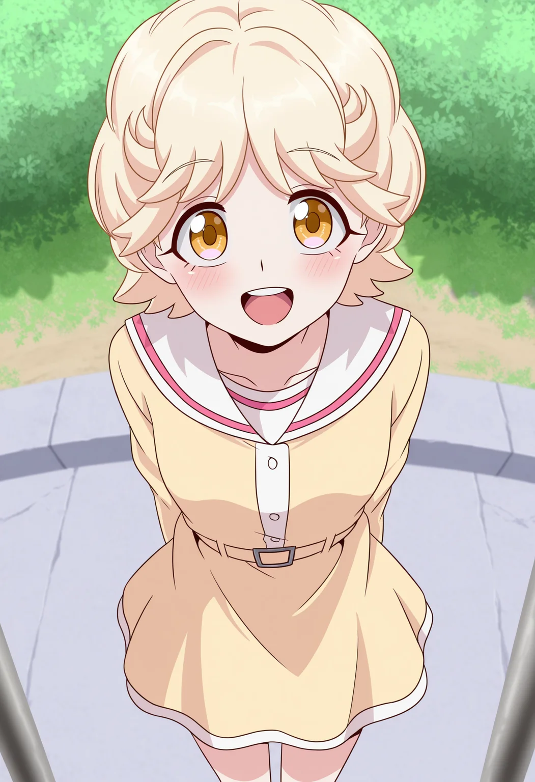 masterpiece,best quality,(amazing quality),very aesthetic,absurdres,newest,huge filesize,
<lora:Michiru Inukai_illustrious-000040:1>,Michiru_\(Talentless Nana\),yellow eyes,blonde hair,short hair,
blush,solo,upper teeth only,smile,cowboy_shot,from_above,outdoors,yellow dress