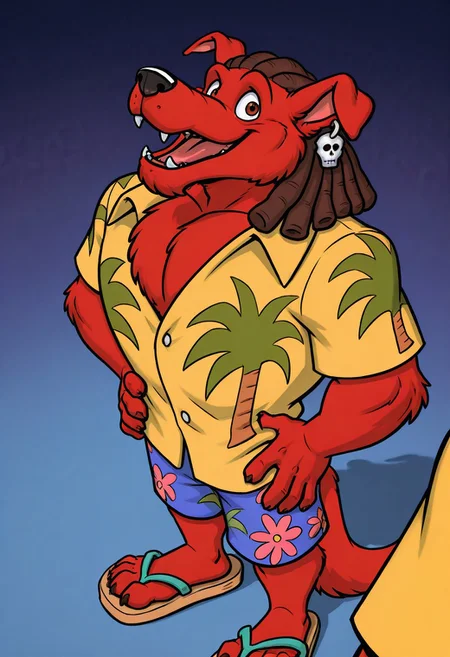 masterpiece, ultra detailed, amazing quality, absurdres, very aesthetic, no humans, solo focus, male focus, furry male, 1boy, (from above:1.1), mini person, short, 
d_w0lf_mon, red fur, red body, body fur, elbow tuft, brown hair, dreadlocks, brown eyes, long snout, black nose, single earring, skull earring, smile, fangs, looking at viewer, open mouth, tongue, teeth, wide-eyed, facial hair, chin tuft, wrinkles, mature male, droopy ears, muscular, chest tuft, pectoral cleavage, yellow shirt, collared shirt, hawaiian shirt, palm tree print, short sleeves, partially unbuttoned, blue shorts, swimming trunks, floral print shorts, leaning back, head back, standing, hands on hips, looking up, finger claws, tail, sandals, toe claws, perfect hands, perfect feet, 5 fingers, 4 toes, high-angle view,
BREAK 
patterned background, psychedelic background, perfect lighting, shadow, pov