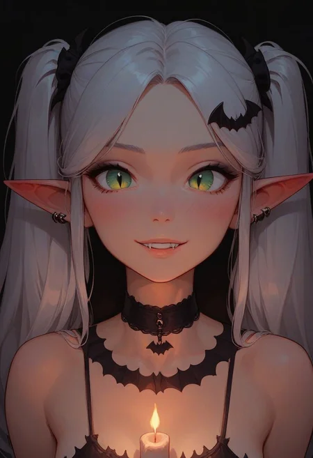 score_9, score_8_up, score_7_up, score_6_up,
1girl, 25 years old, perfect face, close view, cute, petite,
green eyes, goth,
white hair, long hair, twintails, parted bangs,
pointy ears, red earrings, jewelry,
bat hair ornament, black choker,
bat bra,
halloween, candles,
blush, shy smile,
portrait, face focus, detailed face,