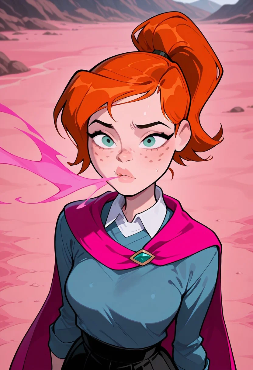 ((screencap, cartoon)) , masterpiece, best quality, amazing quality, very aesthetic, absurdres, newest,
ovgwen, orange hair, 1girl, freckles,, lips
ponytail, blue shirt, white collar, black skirt, long sleeves,
lost, confused, pink sand, pink dust, pink blowing wind, pink cape, upper body, cape blowing in the wind,