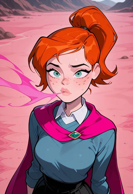 ((screencap, cartoon)) , masterpiece, best quality, amazing quality, very aesthetic, absurdres, newest,
ovgwen, orange hair, 1girl, freckles,, lips
ponytail, blue shirt, white collar, black skirt, long sleeves,
lost, confused, pink sand, pink dust, pink blowing wind, pink cape, upper body, cape blowing in the wind,