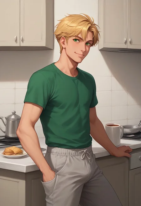 score_9, score_8_up, score_7_up, score_6_up, Aleshenka, t0nym0r3, <lora:ra1nfall:1>, masterpiece, best quality, BREAK 1boy, mature, solo, open eyes, green eyes, green t-shirt, gray sweatpants, blonde hair, short hair, handsome, tall, smile, upper body, cowboy shot, standing, drinking from mug, side view, looking at viewer, simple background, kitchen