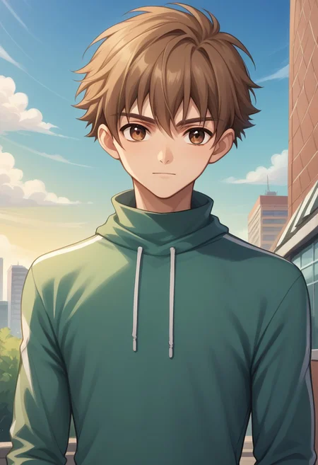 score_9, score_8_up, score_7_up, source_anime, highly detailed, 
shaoran, brown eyes, brown hair, male focus, sky, 1boy, solo, day, cloud, shirt, white shirt, green shirt, two-colours shirt, drawstring, raglan sleeves, pants, upper body, slender, skinny, high collar,
outdoor, sky, buildings,