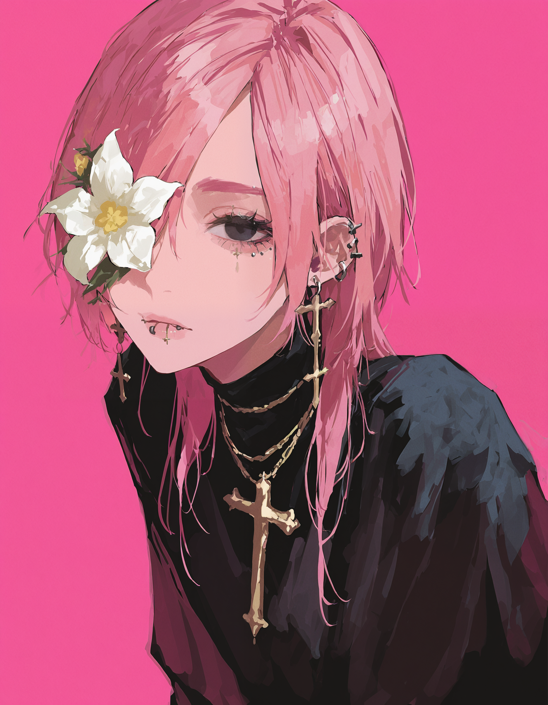 masterpiece, best quality, absurdres, <lora:69yottea_illu_v2:1>,69yottea_style_illu,flower, jewelry, 1girl, solo, earrings, cross, pink background, pink hair, one eye covered, looking at viewer, simple background, white flower, piercing, yellow flower, black eyes