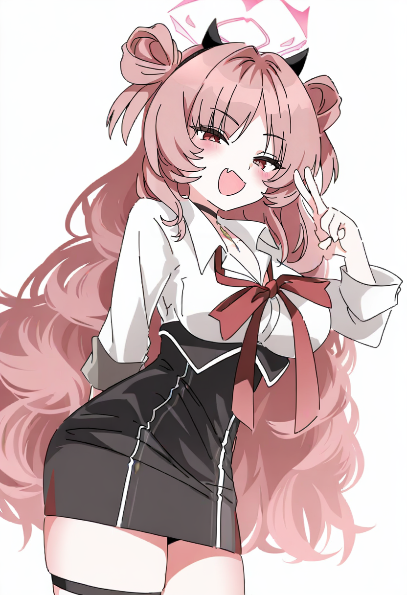 1girl, solo, long hair, halo, horns, fang, very long hair, shirt, hair bun, skirt, double bun, pink hair, breasts, white background, choker, skin fang, thigh strap, white shirt, simple background, black skirt, smile, open mouth, high-waist skirt, looking at viewer, black choker, blush, v, cowboy shot, arm behind back, bangs, collared shirt, large breasts, ribbon <lora:ixyXL_NBVP1_lokr_V6311PZ:0.95>