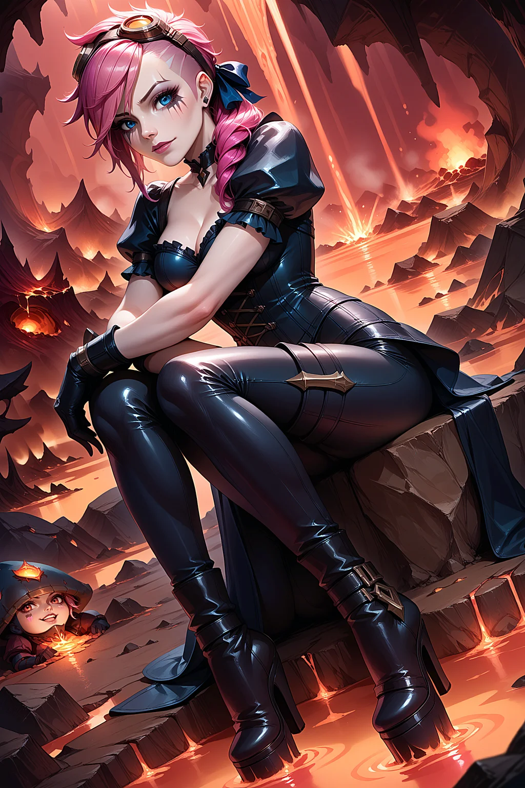 g0th1c80dy5u1t, score_9, score_8_up, score_7_up, 1girl, vi_(league_of_legends), league_of_legends, pink hair, goggles, dutch angle, hugging own legs, lava river, molten rock, <lora:m0r4n4:1.0>
