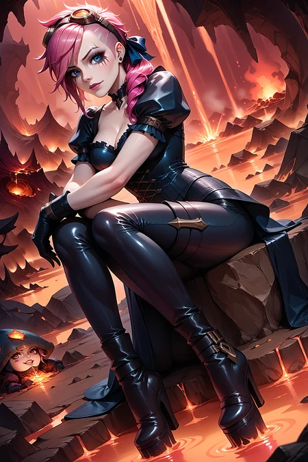 g0th1c80dy5u1t, score_9, score_8_up, score_7_up, 1girl, vi_(league_of_legends), league_of_legends, pink hair, goggles, dutch angle, hugging own legs, lava river, molten rock, <lora:m0r4n4:1.0>