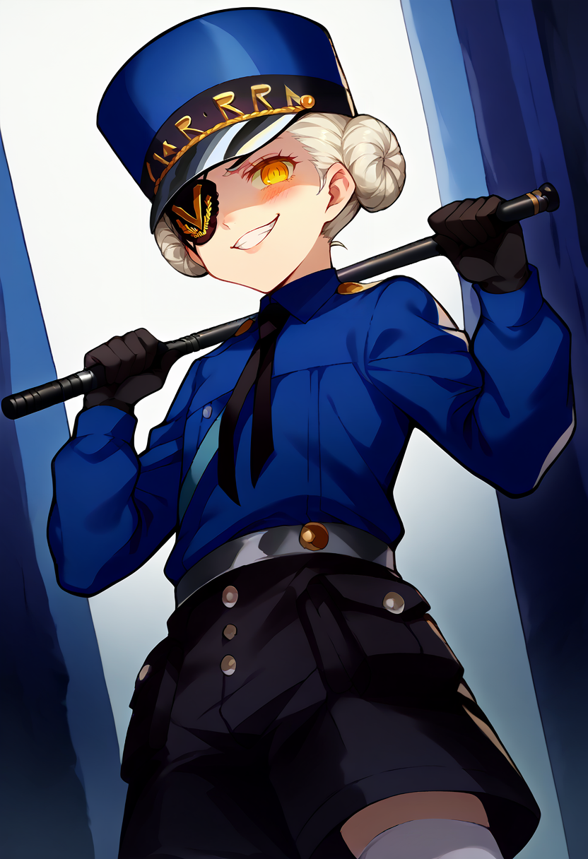 <lora:pony_good_hands:1>, <lora:Anime Style 2 SDXL_LoRA_Pony Diffusion V6 XL:0.3>, score_9, score_8_up, score_7_up, source_anime, good_hands, <lora:Persona_5_Portrait_Style_Pony:0.7>
standing, from below, dutch angle, cowboy shot, 
<lora:VelTwins-000010:1>, 1girl, solo, p5caro, white hair, double hair bun, eyepatch, right eyepatch, black gloves, uniform, blue hat, blue collared shirt, black necktie, long sleeves, black shorts, single white thighhigh, 
standing, holding baton, clenched hand, 
<lora:Expressive_H:1>, yellow eyes, looking at viewer, blush, shaded face, grin, smug,
