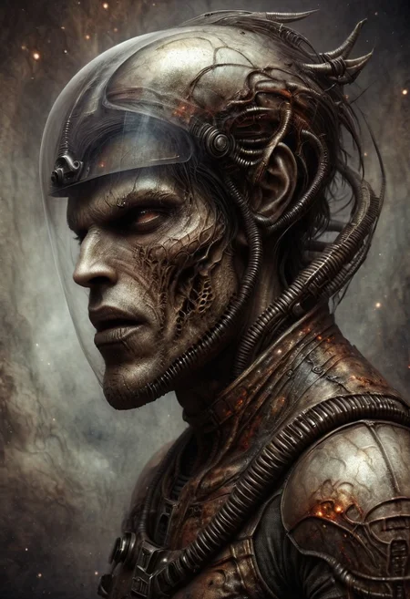Space warrior portrait oil stains mixed with (((doom sleer))) caste. wearing space suit WITH THE INSCRIPTION USSR on the helmet, H. R. Giger style but depicted as an oil painting --ar 2:3 --v 5