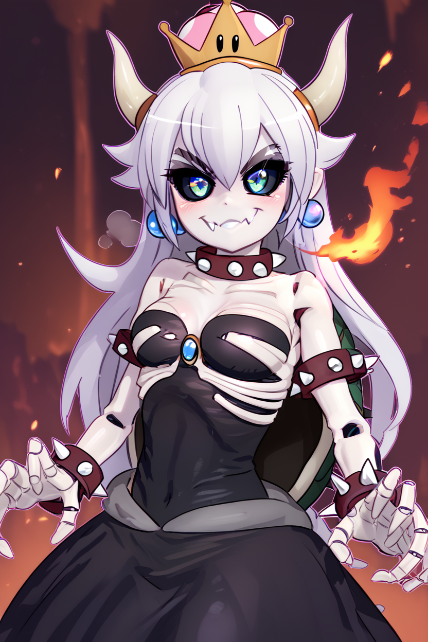 score_9, score_8_up, score_8, medium breasts, (curvy), cute, eyelashes,       BREAK, ,   zzDryBowsette, black sclera, colored sclera, skeleton, horns, spikes, dress, hair between eyes, jewelry, very long hair, green eyes, white hair, earrings, white gloves, colored skin, crown, pale skin, colored sclera, white skin, black sclera, ribs, skeleton, super crown, spiked armlet, spiked shell, breathing fire,  <lora:DryBowsette_PDXL:1.0>, , BREAK, smile, closed mouth, looking at viewer, cowboy shot,  ,,, embedding:zPDXL, Expressiveh, ,,, <lora:MantisStyle_PDXL_v2:0.8>, <lora:SDXLFaeTastic2400:0.5>, <lora:Expressive_H-000001:0.4>,