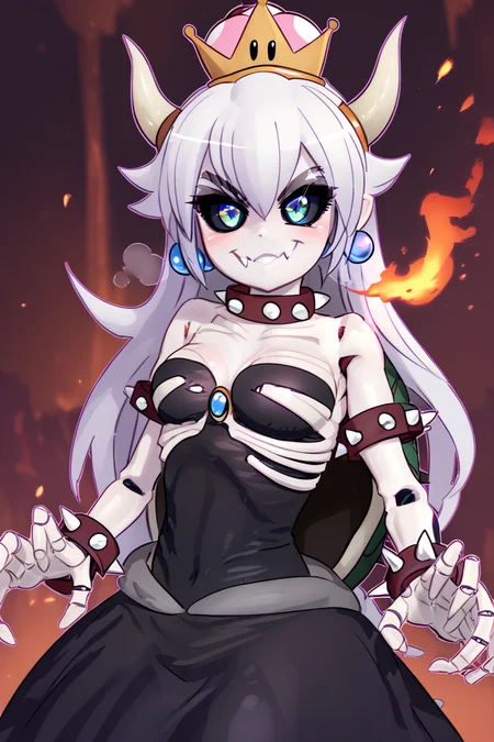 score_9, score_8_up, score_8, medium breasts, (curvy), cute, eyelashes, BREAK, , zzDryBowsette, black sclera, colored sclera, skeleton, horns, spikes, dress, hair between eyes, jewelry, very long hair, green eyes, white hair, earrings, white gloves, colored skin, crown, pale skin, colored sclera, white skin, black sclera, ribs, skeleton, super crown, spiked armlet, spiked shell, breathing fire, <lora:DryBowsette_PDXL:1.0>, , BREAK, smile, closed mouth, looking at viewer, cowboy shot, ,,, embedding:zPDXL, Expressiveh, ,,, <lora:MantisStyle_PDXL_v2:0.8>, <lora:SDXLFaeTastic2400:0.5>, <lora:Expressive_H-000001:0.4>,